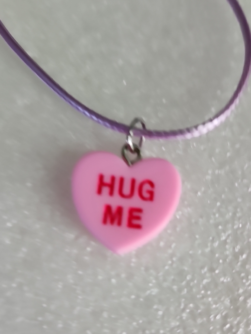 Hand Crafted Pink Heart "HUG ME" Necklace with Purple Cord